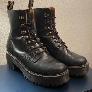 Dr. Martens Leona Heeled Platform Boots in Black Smooth leather.$210
